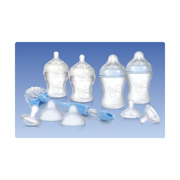 Nuby SoftFlex NTNV3-67424 incluye 2 biberones de 150 ml, 2 biberones de 240 ml, 4 tetinas de flujo lento, 2 tetinas de flujo medio, 1 tetina ortodóntica y 1 escobilla para biberones Set para recién nacido 